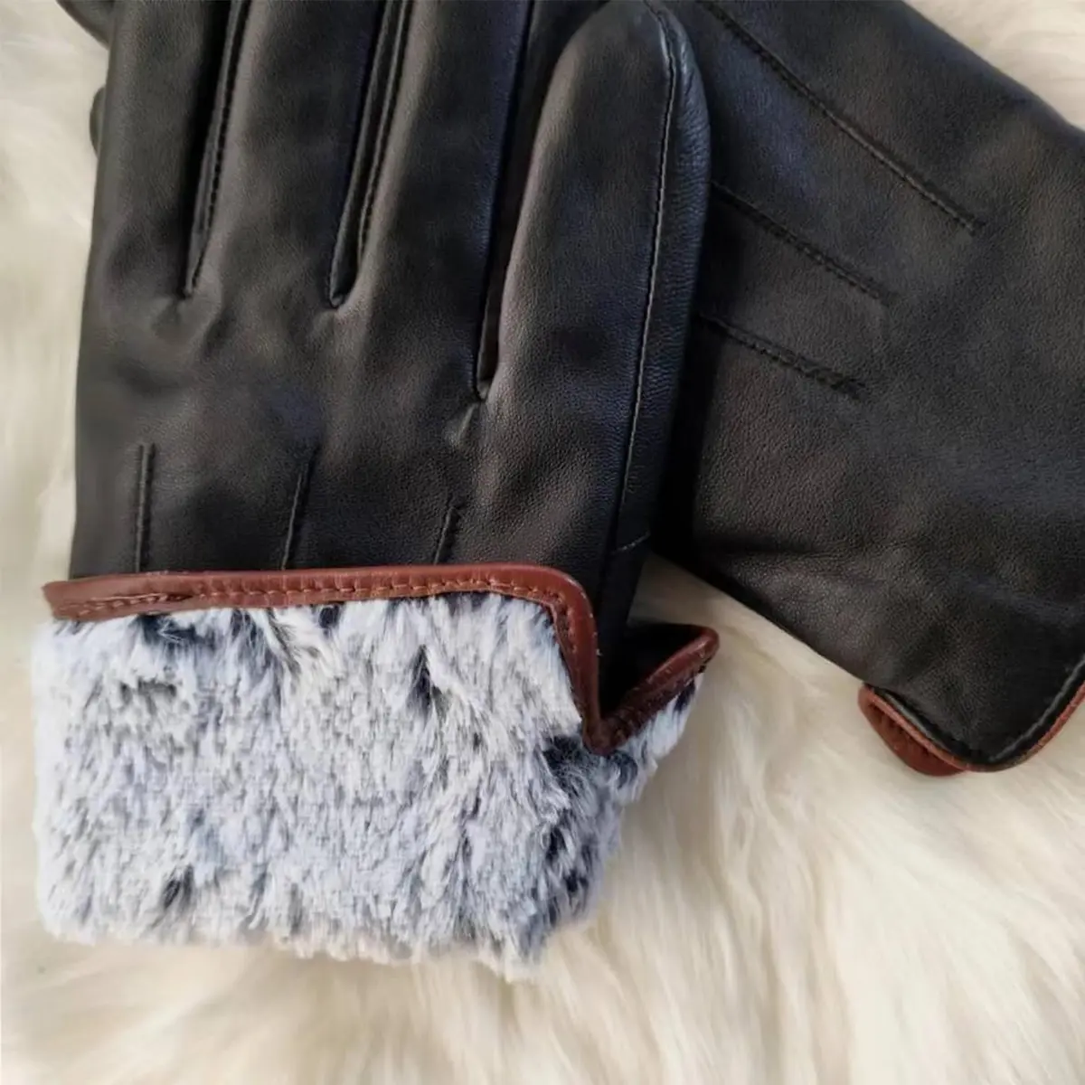 MaxW Sheepskin Leather Gloves for Men, Winter Warm Touchscreen, Black, Size L - view 3