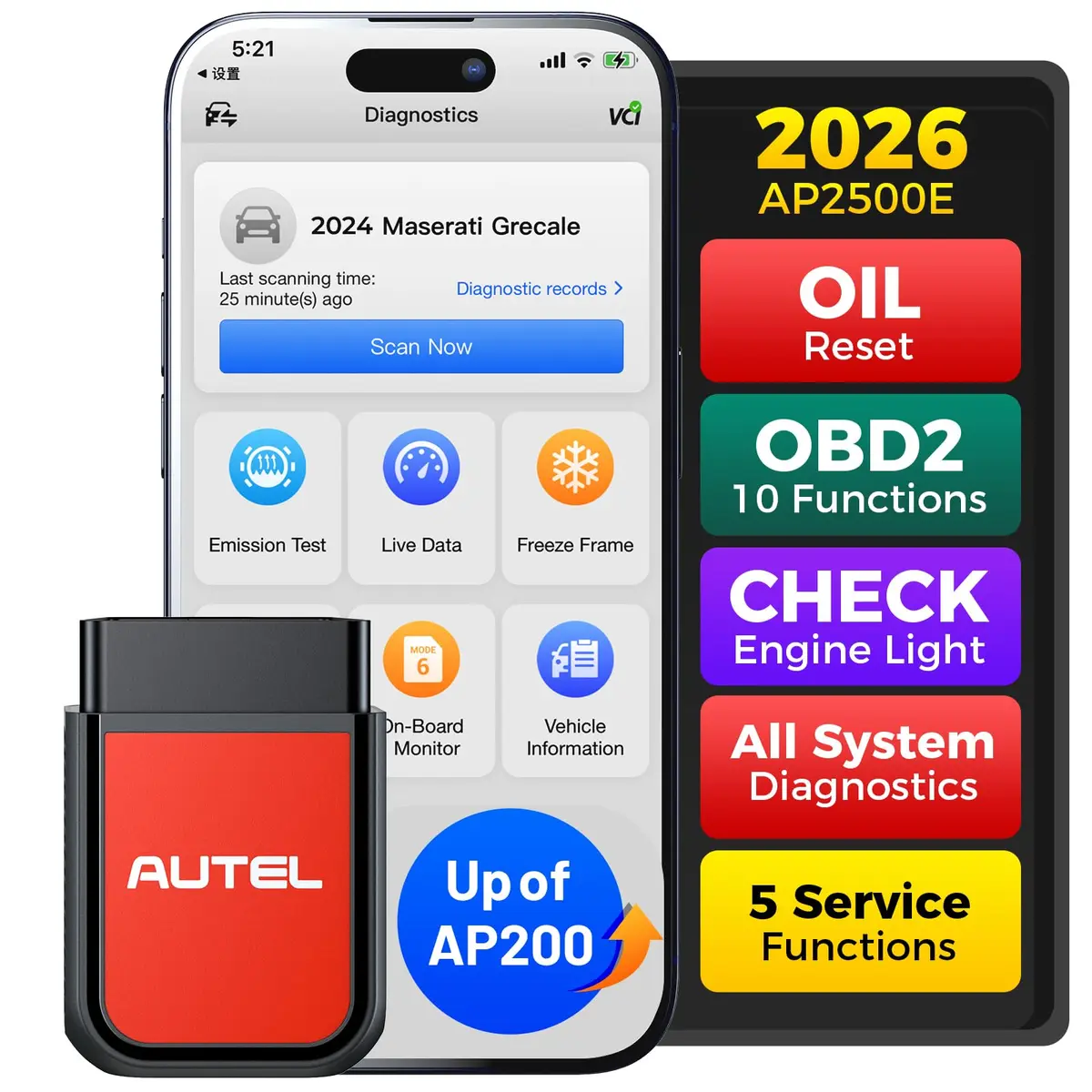 Autel AP2500E/AP2500 OBD2 Scanner Bluetooth Code Reader with Maxi AP2500 App | All-System Diagnostics & 5 Reset Services - main product image