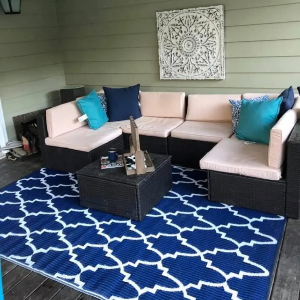 Mad Mats Geometric Outdoor Rug 4' x 6' | Reversible Plastic Mat, Casa Blanca - Blue/White - view 3