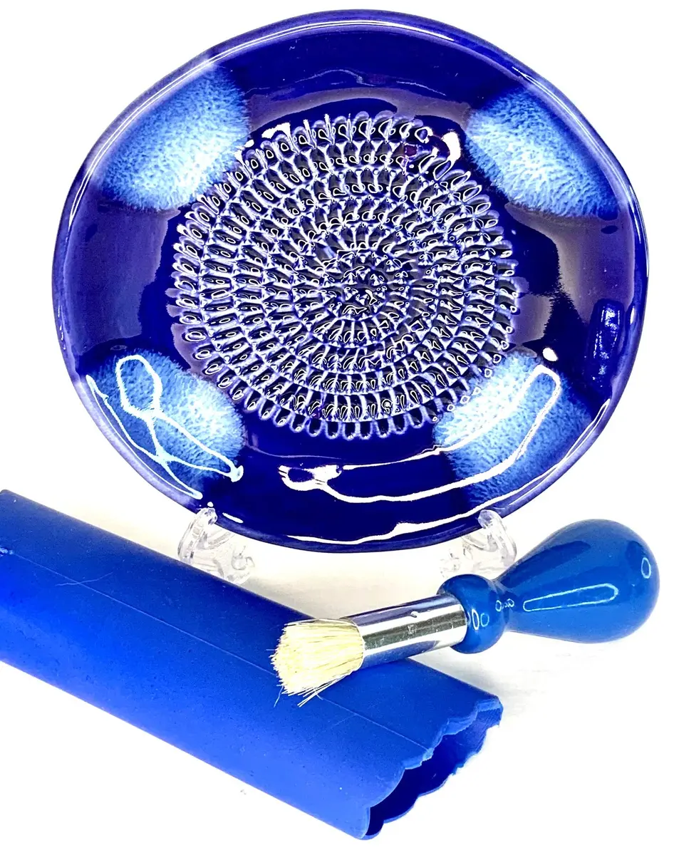 BonCera Ceramic Garlic Grater Plate 4-Piece Set - Blue Cross Glazed | Versatile Kitchen Tool for Garlic, Ginger & Fruits - main product image
