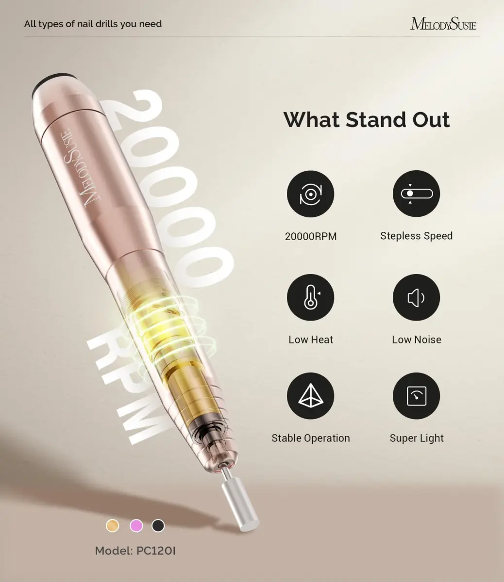 MelodySusie USB Nail Drill PC120I (Gold) 20,000RPM | Gentle Nail Prep for Professionals & Beginners - view 4