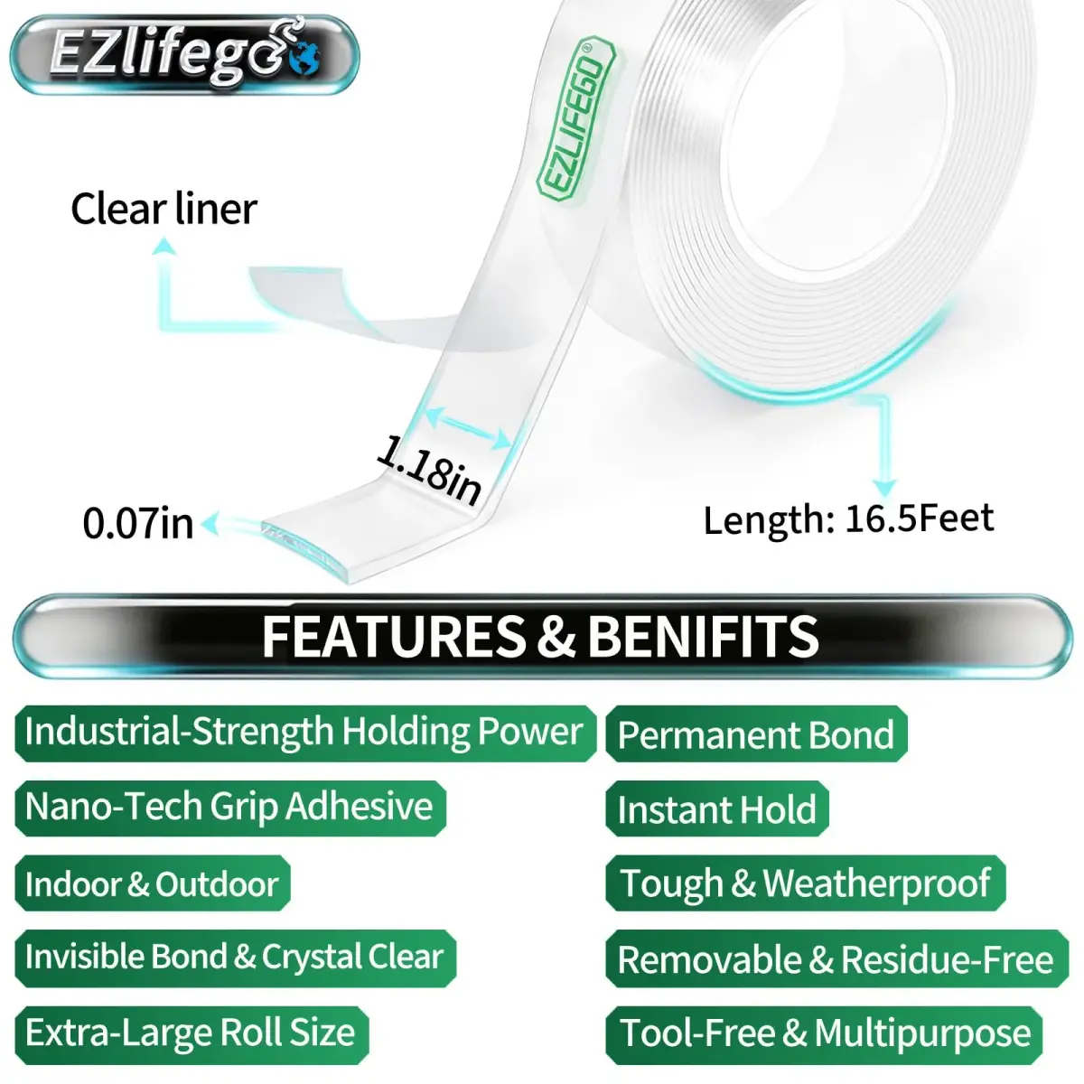 EZlifego Heavy Duty Invisible Bond Nano Mounting Tape 16.5 Feet (4.9m) | Strong Adhesion for DIY Projects - view 2