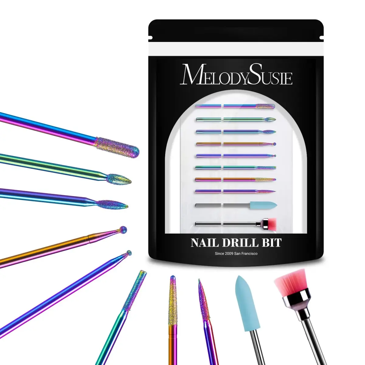 MelodySusie 10pcs Rainbow Diamond Nail Drill Bits Set | Professional Cuticle & Acrylic Removal Tool - main product image