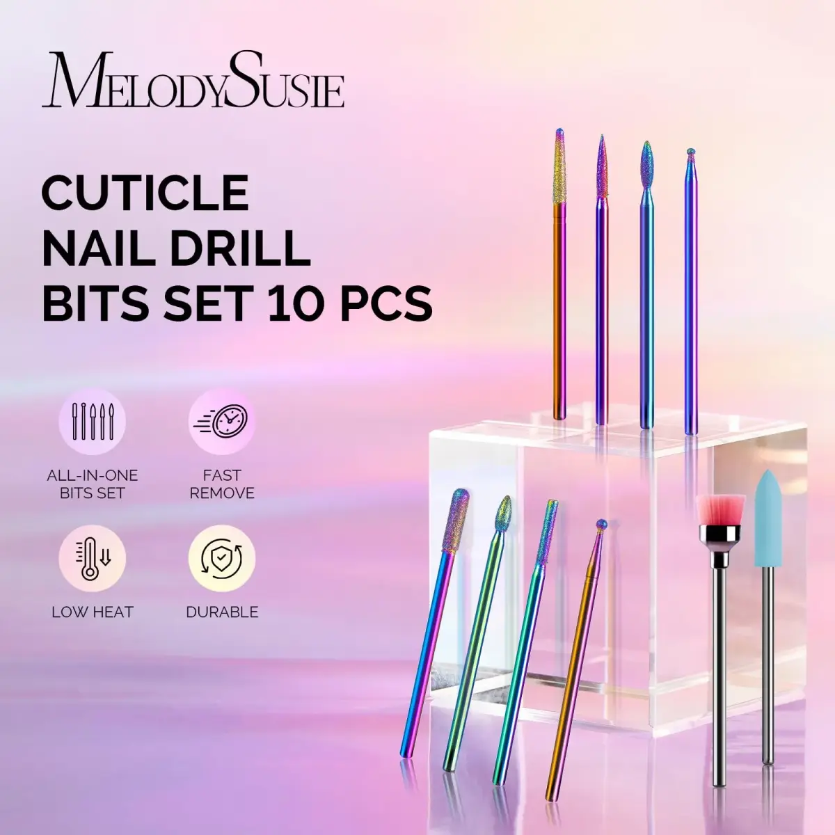 MelodySusie 10pcs Rainbow Diamond Nail Drill Bits Set | Professional Cuticle & Acrylic Removal Tool - view 2