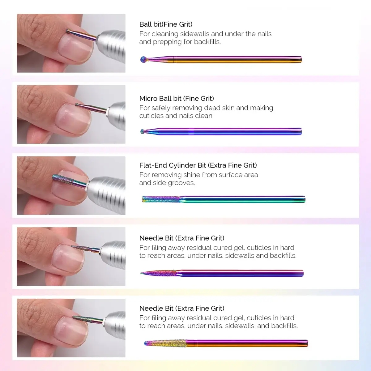 MelodySusie 10pcs Rainbow Diamond Nail Drill Bits Set | Professional Cuticle & Acrylic Removal Tool - view 4