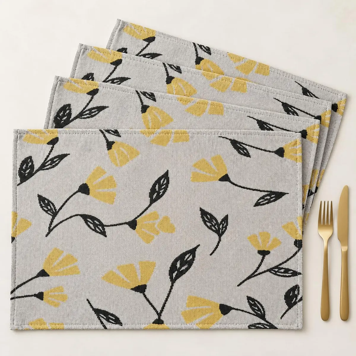 DaDa Bedding Yellow Floral Tapestry Placemats | 13 x 19 Inches, Set of 4, Cotton-Polyester Blend - main product image