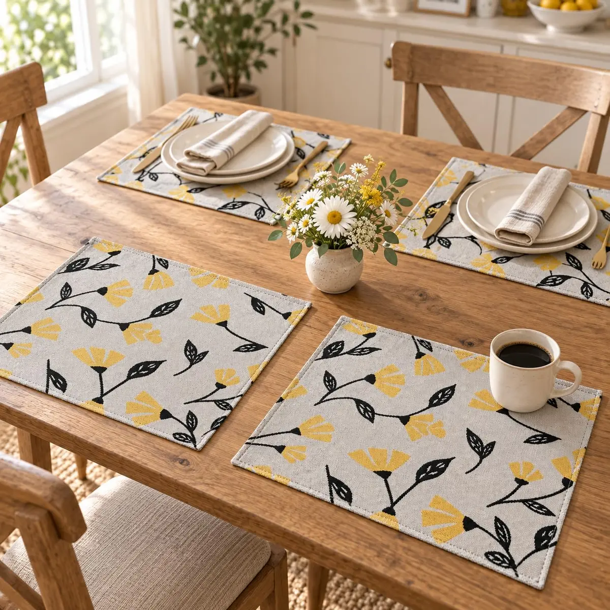 DaDa Bedding Yellow Floral Tapestry Placemats | 13 x 19 Inches, Set of 4, Cotton-Polyester Blend - view 5