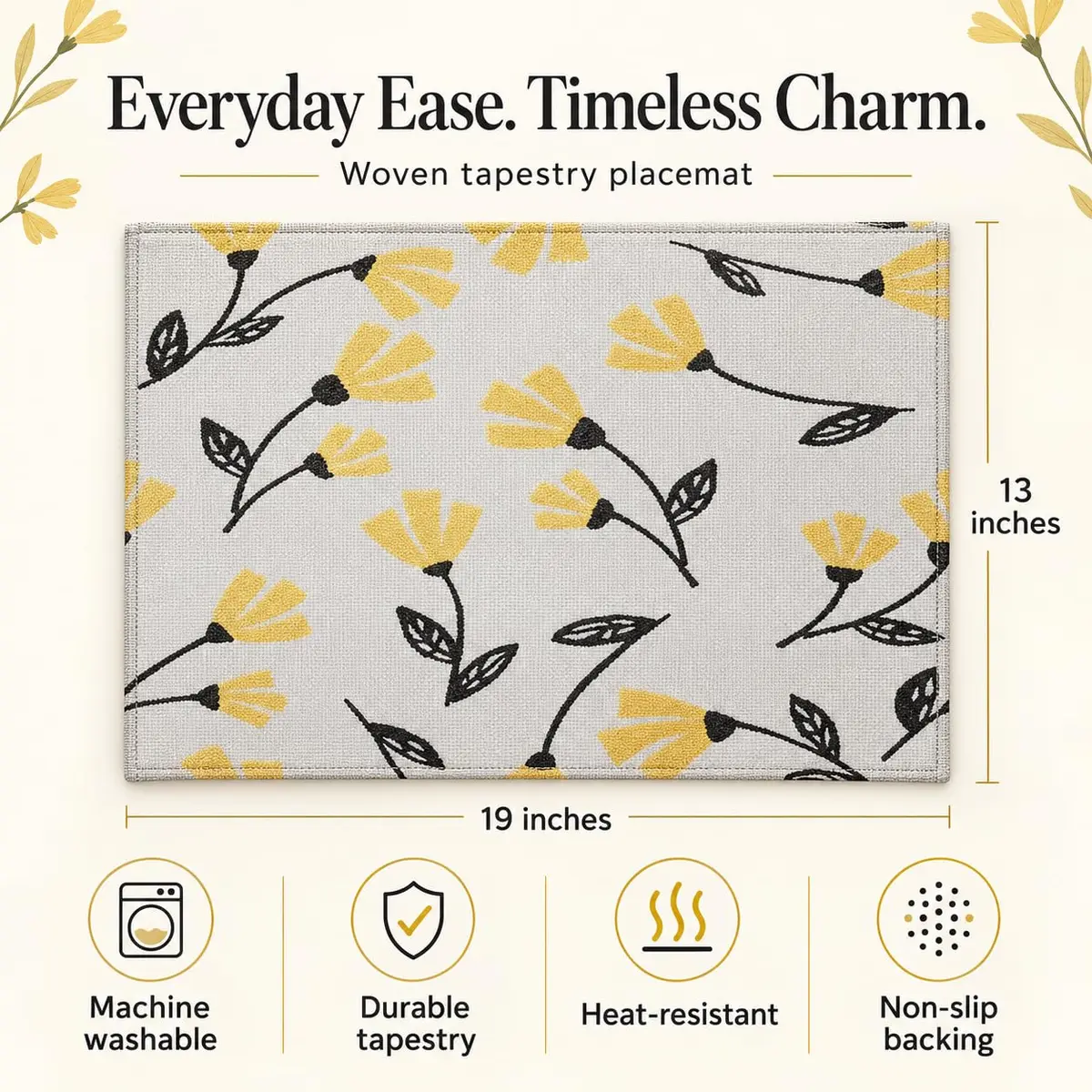 DaDa Bedding Yellow Floral Tapestry Placemats | 13 x 19 Inches, Set of 4, Cotton-Polyester Blend - view 3