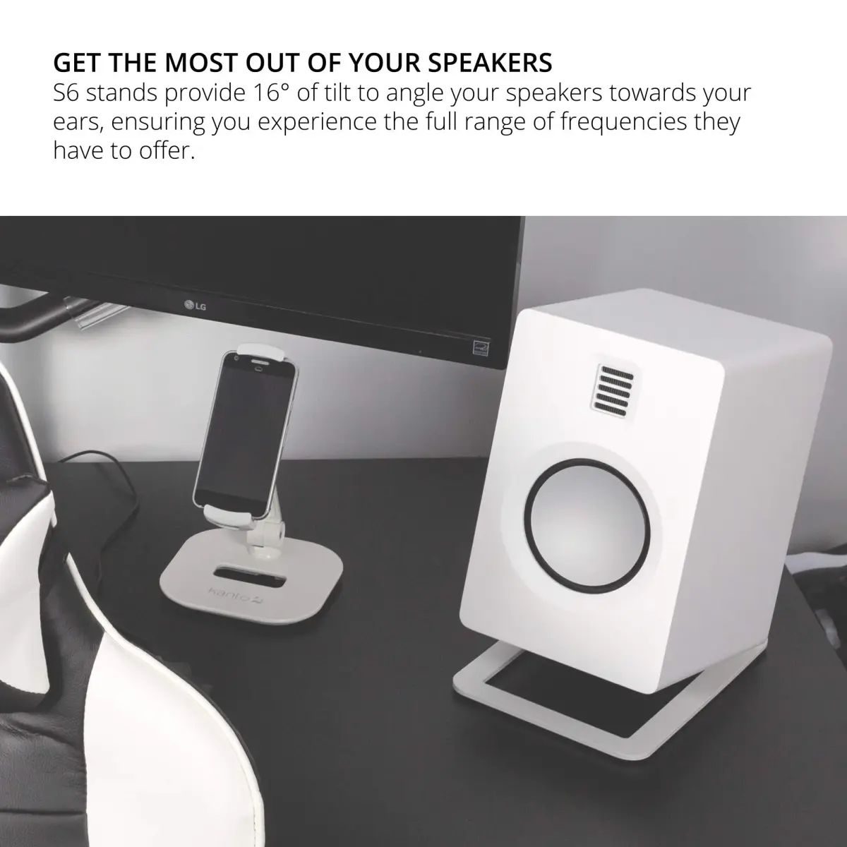 Kanto S6W Tilted Desktop Speaker Stands for Large Bookshelf Speakers & Studio Monitors | 2.27 kg (5 lb) Capacity | White - view 4