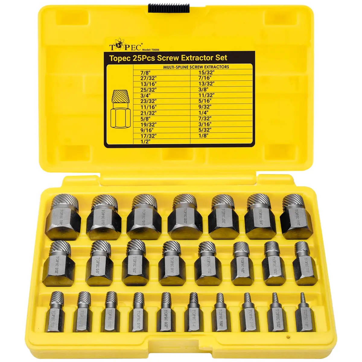 Topec 25Pcs Screw Extractor Set, Multi-Spline Easy Out Bolt Extractor Kit | Heat-Treated CR-MO Steel for Broken, Stripped, Rounded Bolts & Screws - main product image