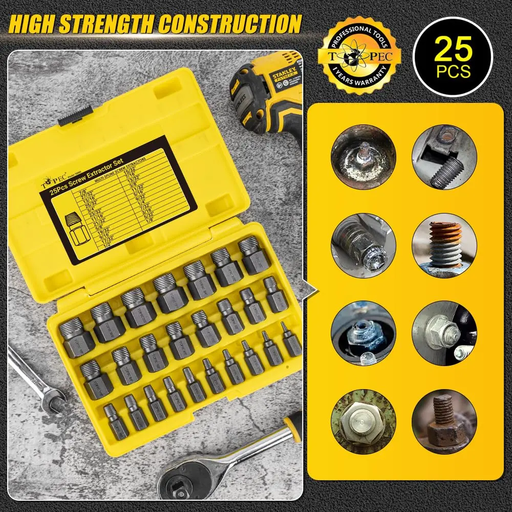 Topec 25Pcs Screw Extractor Set, Multi-Spline Easy Out Bolt Extractor Kit | Heat-Treated CR-MO Steel for Broken, Stripped, Rounded Bolts & Screws - view 6