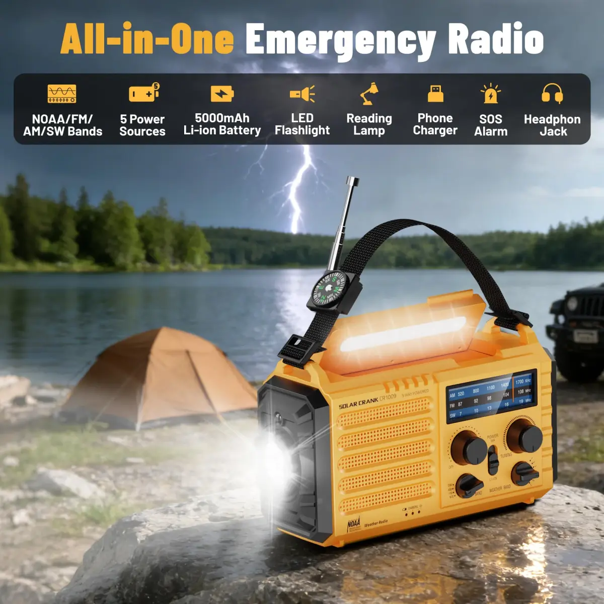 Mesqool Emergency Weather Radio Yellow | NOAA AM FM SW 5000mAh Solar Crank Portable Radio with LED Flashlight & SOS Alarm - view 2