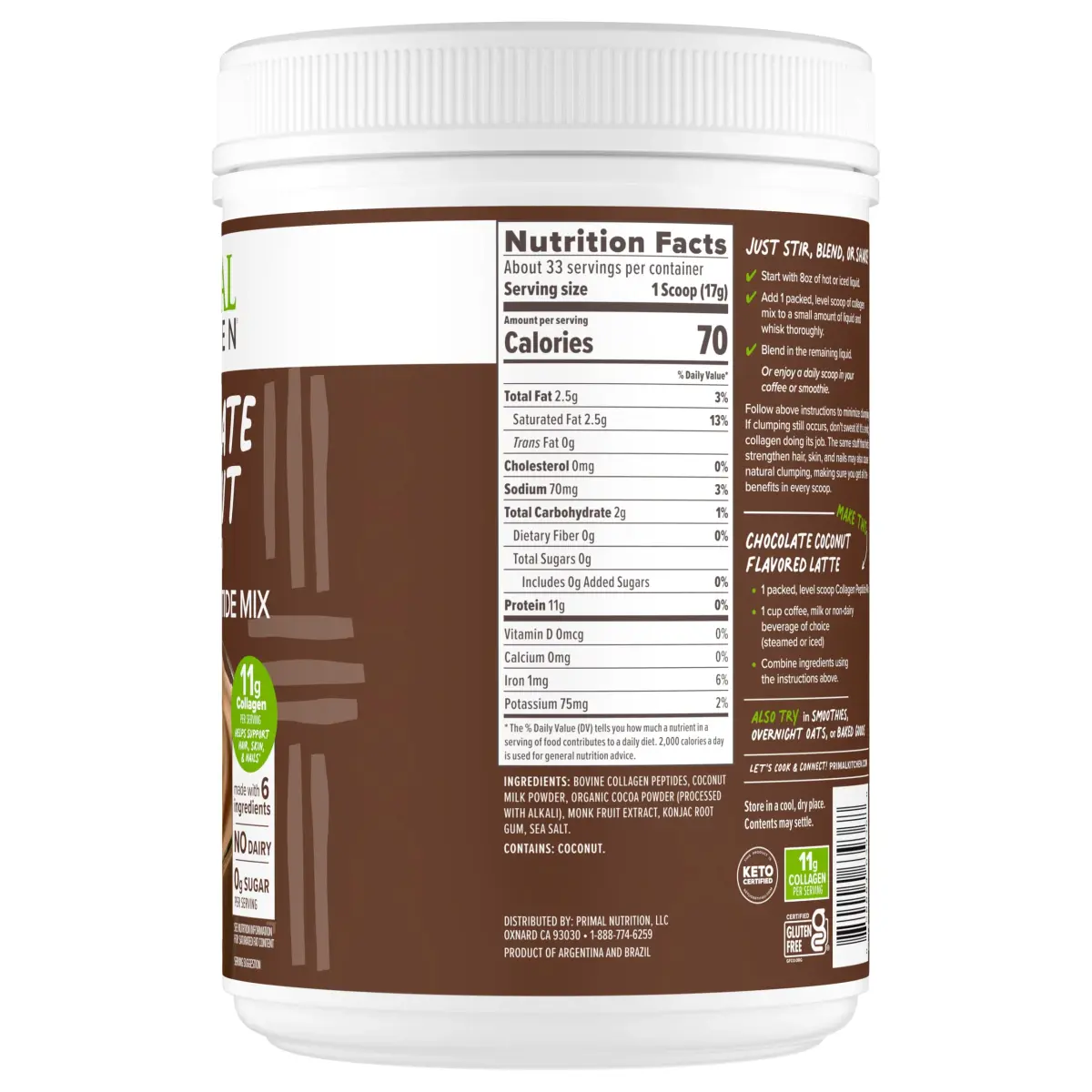 Primal Kitchen Chocolate Collagen Fuel Drink Mix 20 oz (567 g) | 11g Collagen Peptides Per Serving - view 5