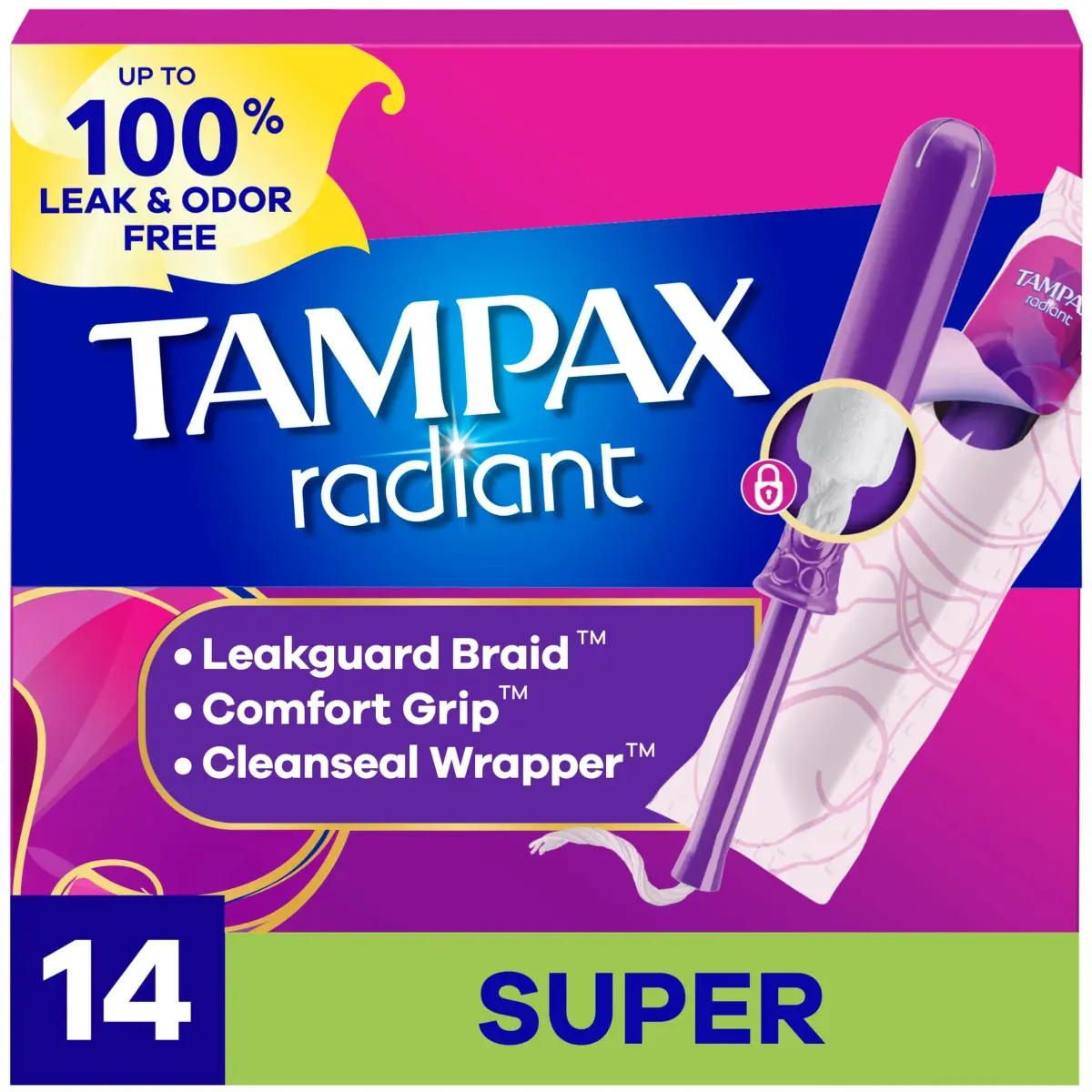 Tampax Radiant Tampons Super Absorbency Unscented 14 Count | #1 Tampon Brand with LeakGuard Braid - main product image