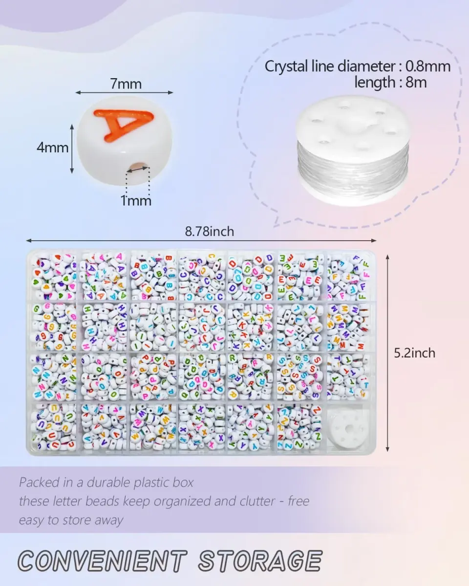 Looconi Colorful Letter Beads 1400pcs (7mm Round) | Alphabet A-Z Heart White Flat Acrylic Beads with Crystal Line for Jewelry Making - view 2