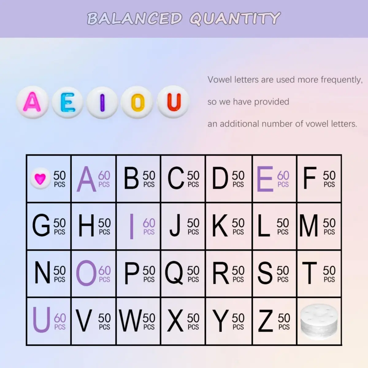 Looconi Colorful Letter Beads 1400pcs (7mm Round) | Alphabet A-Z Heart White Flat Acrylic Beads with Crystal Line for Jewelry Making - view 3