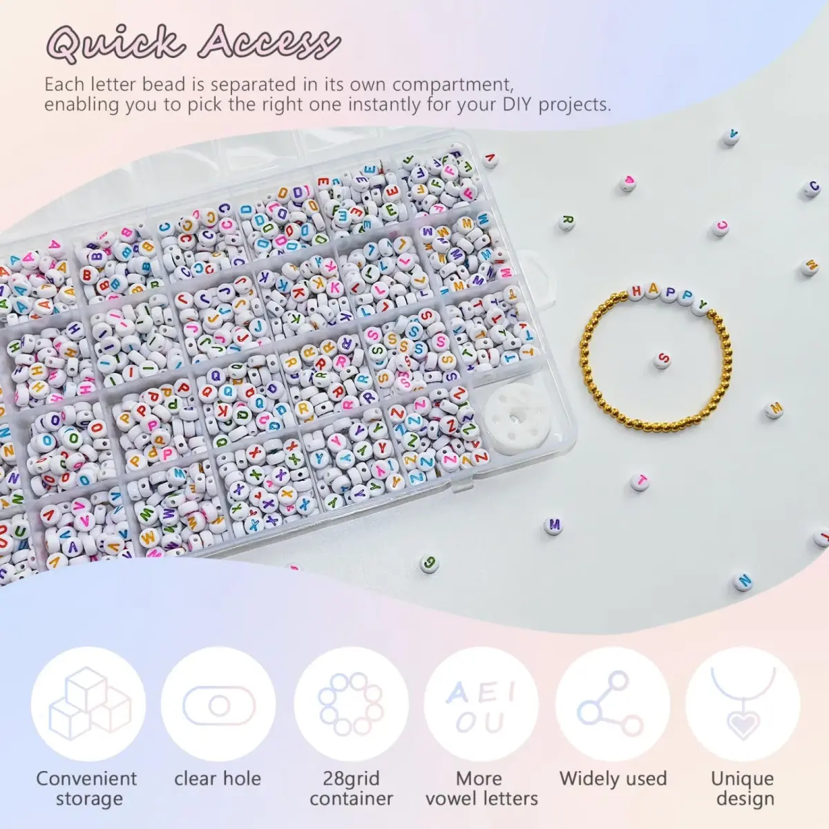 Looconi Colorful Letter Beads 1400pcs (7mm Round) | Alphabet A-Z Heart White Flat Acrylic Beads with Crystal Line for Jewelry Making - view 4