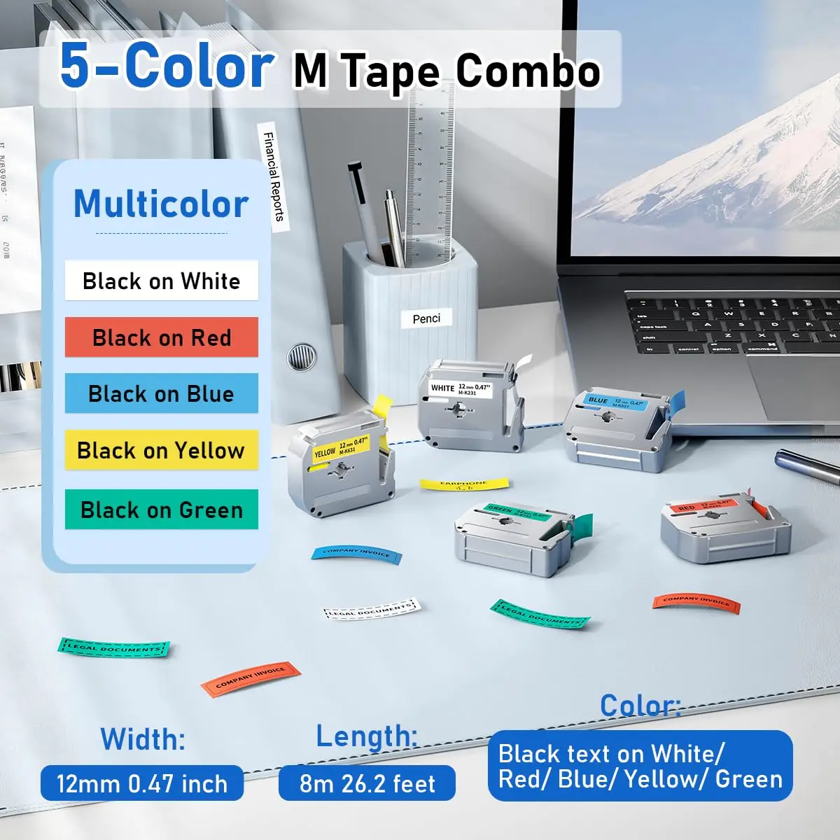 Labelife Replacement M Tape for Brother Label Maker PT-M95 PT-65 PT-45 PT-80 PT-70 | 12mm, 5 Color Pack, Waterproof & Durable - view 3