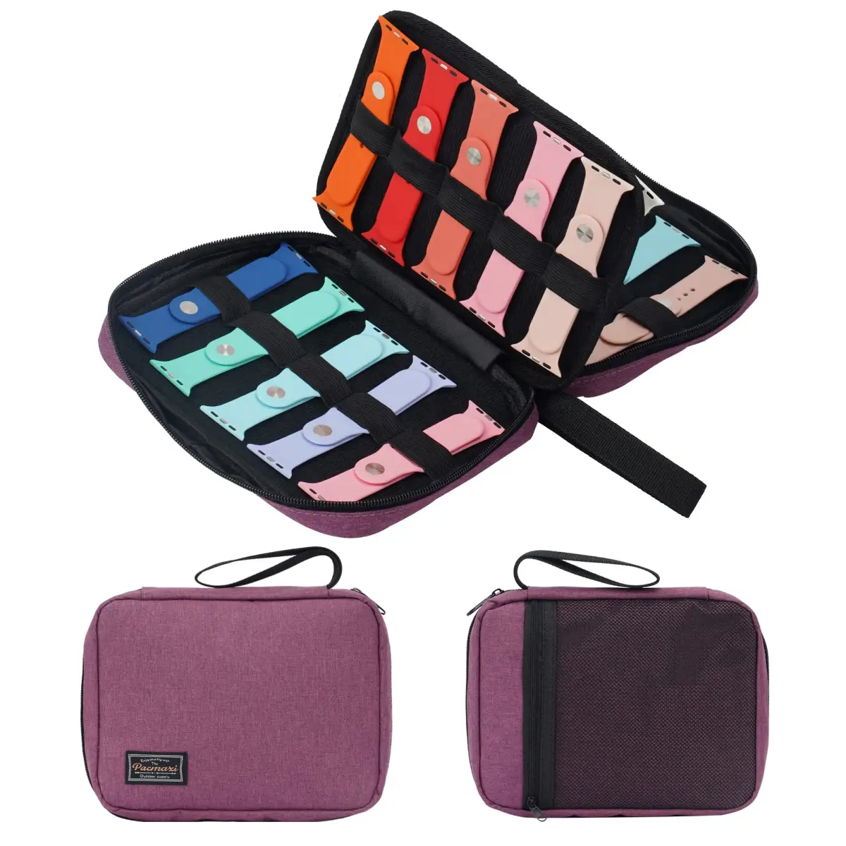 PACMAXI Watch Band Storage Case for 20 Bands | Purple Polyester Organizer with Wristlet Handle - main product image