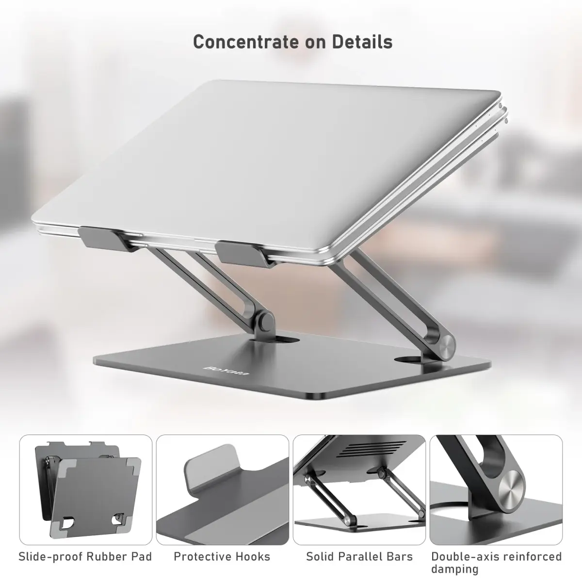 BoYata Adjustable Laptop Stand for Desks, Metal Desktop Riser for Laptops up to 15 Inches, Space Gray | Ergonomic Z-Type Design - view 3