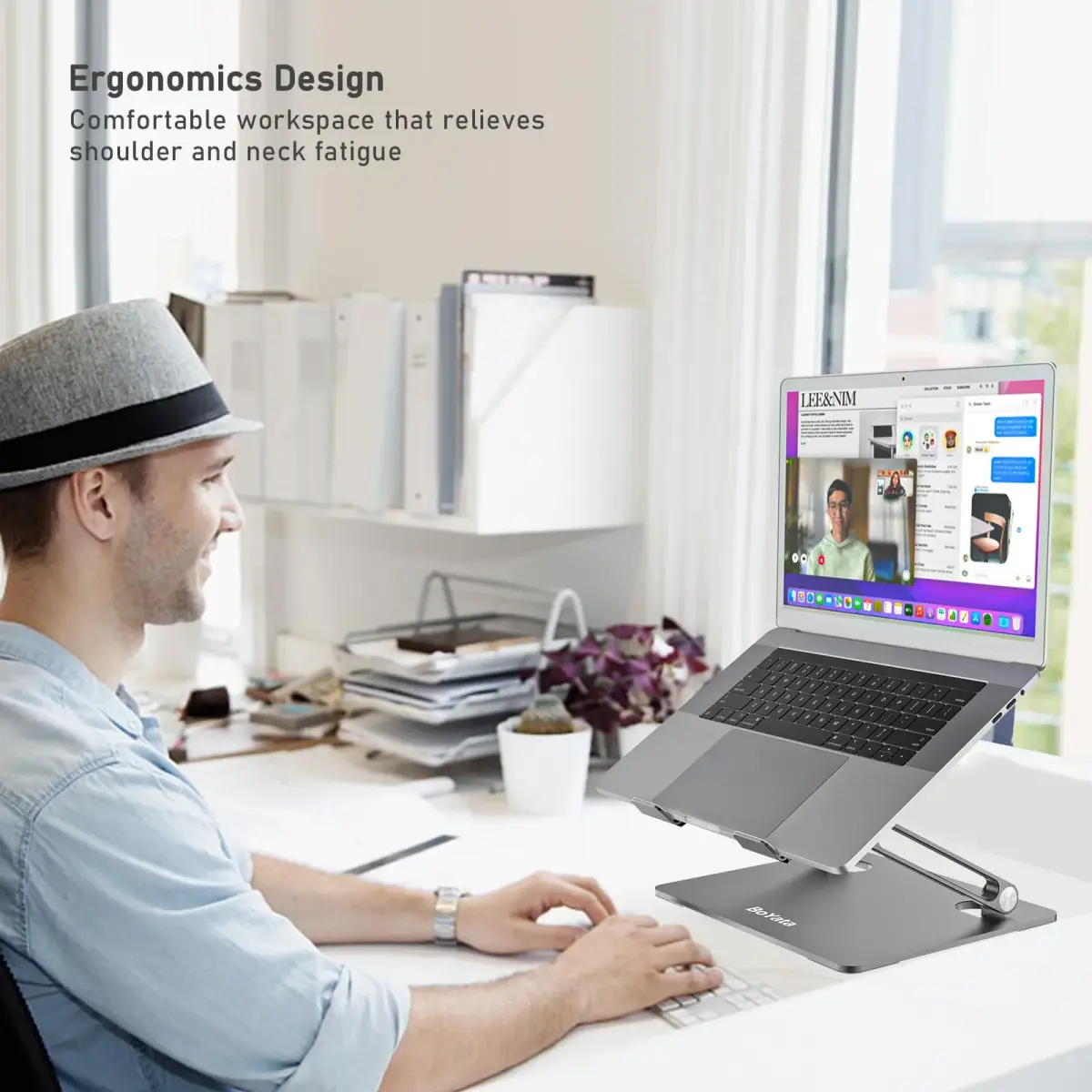 BoYata Adjustable Laptop Stand for Desks, Metal Desktop Riser for Laptops up to 15 Inches, Space Gray | Ergonomic Z-Type Design - view 4