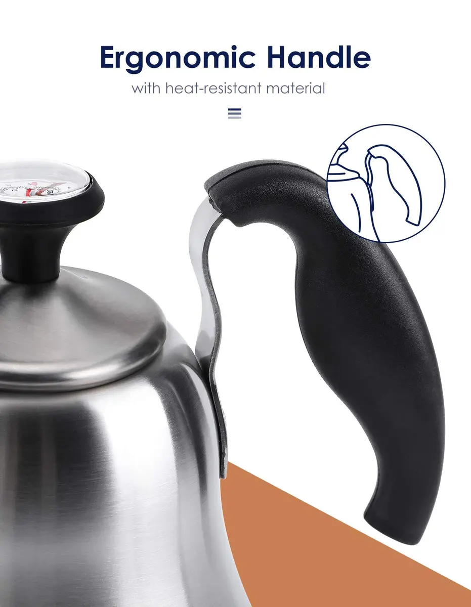 Chefbart Gooseneck Tea Kettle with Thermometer, 800ml (28oz) Brushed Stainless Steel | Precision Pouring for Coffee & Tea - view 6