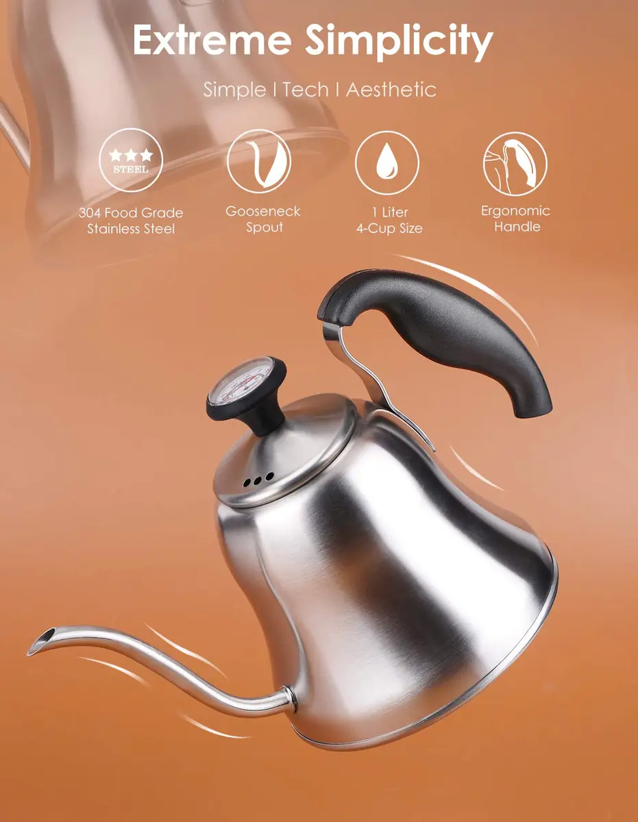 Chefbart Gooseneck Tea Kettle with Thermometer, 800ml (28oz) Brushed Stainless Steel | Precision Pouring for Coffee & Tea - view 7