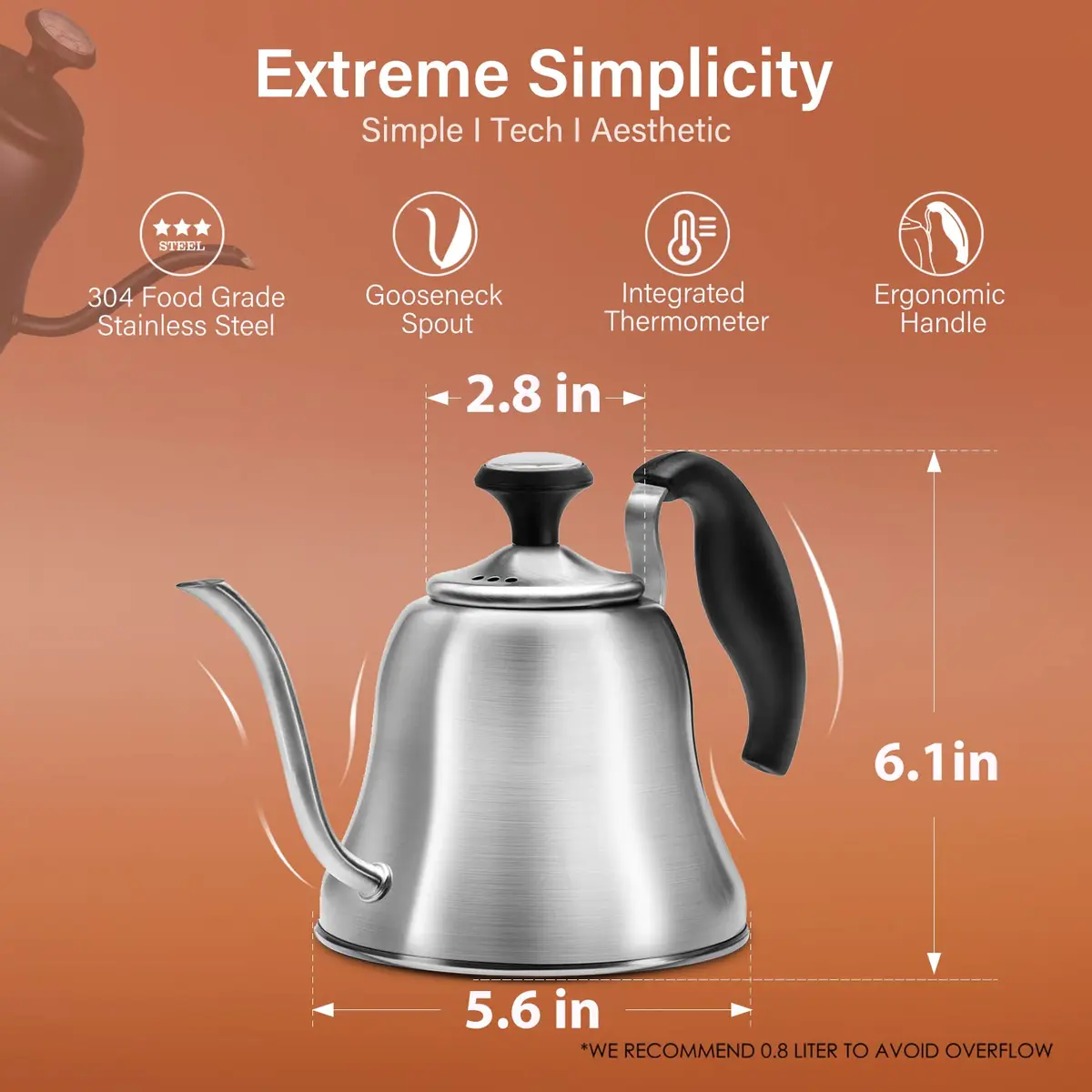 Chefbart Gooseneck Tea Kettle with Thermometer, 800ml (28oz) Brushed Stainless Steel | Precision Pouring for Coffee & Tea - view 2