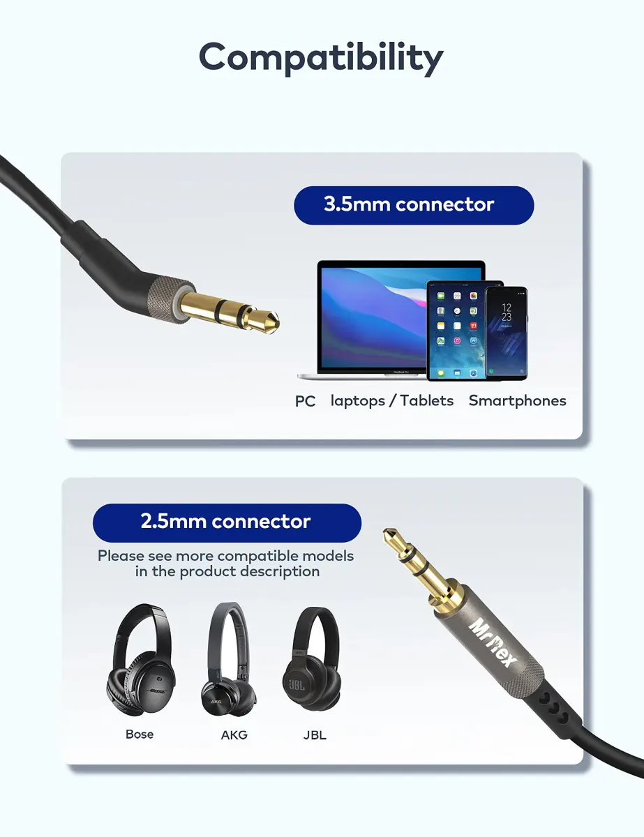 Mr Rex 2.5mm to 3.5mm Aux Cable Cord (2-Pack, 5FT / 1.5M) | Replacement Audio Wire for Bose, JBL Headphones - view 2