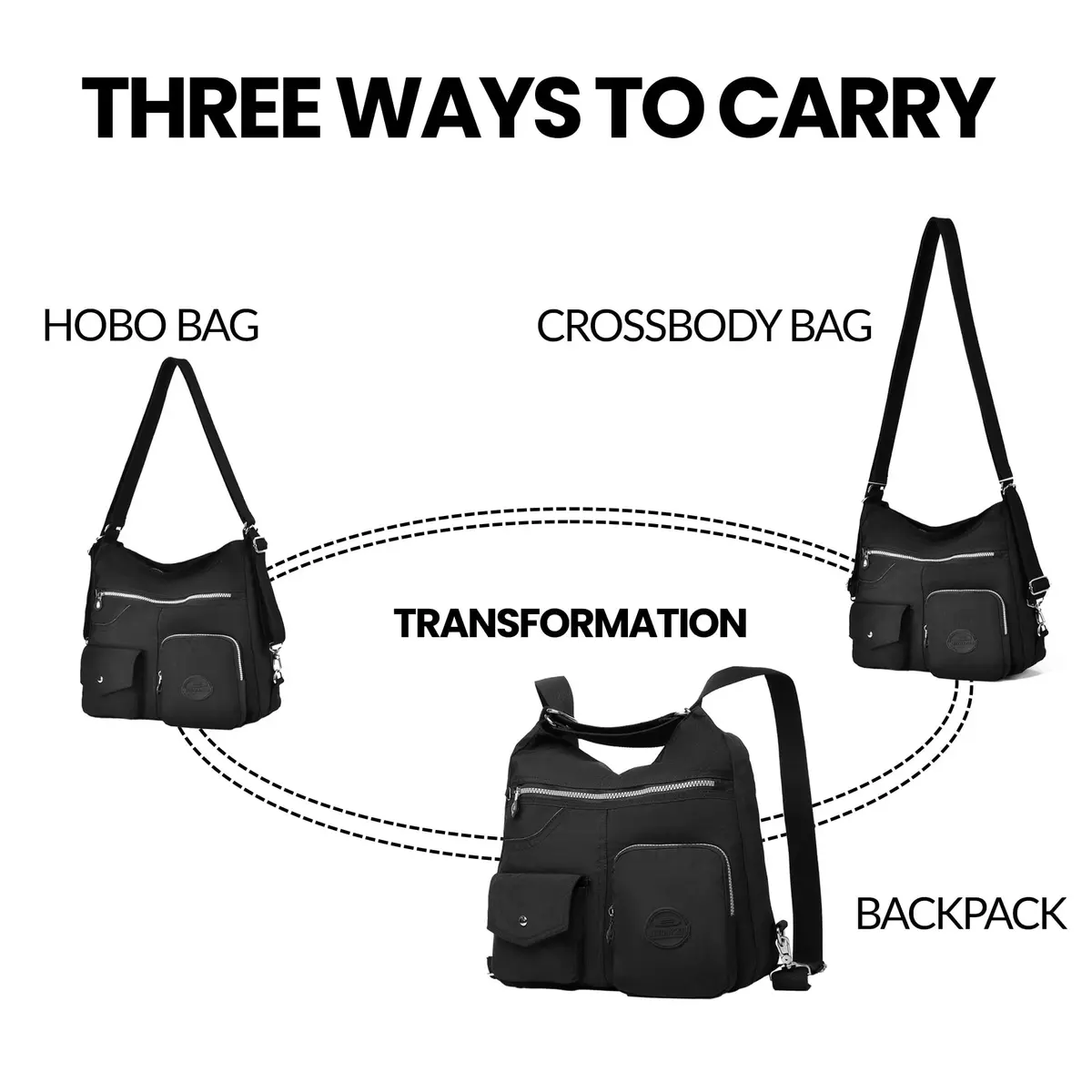Dora & Liz Hobo Purse for Women, Nylon Crossbody Shoulder Handbag Convertible Backpack 34cm (13.39") | Multi-Way Carry Water-Resistant Bag - view 6