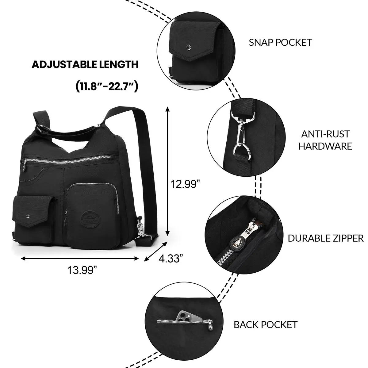 Dora & Liz Hobo Purse for Women, Nylon Crossbody Shoulder Handbag Convertible Backpack 34cm (13.39") | Multi-Way Carry Water-Resistant Bag - view 4