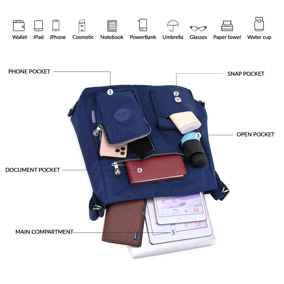 Dora & Liz Nylon Hobo Purse for Women, Convertible Crossbody Shoulder Handbag 35cm (13.8" L x 4.5" W x 13" H) | Multi-Way Carry & RFID Protection - view 5