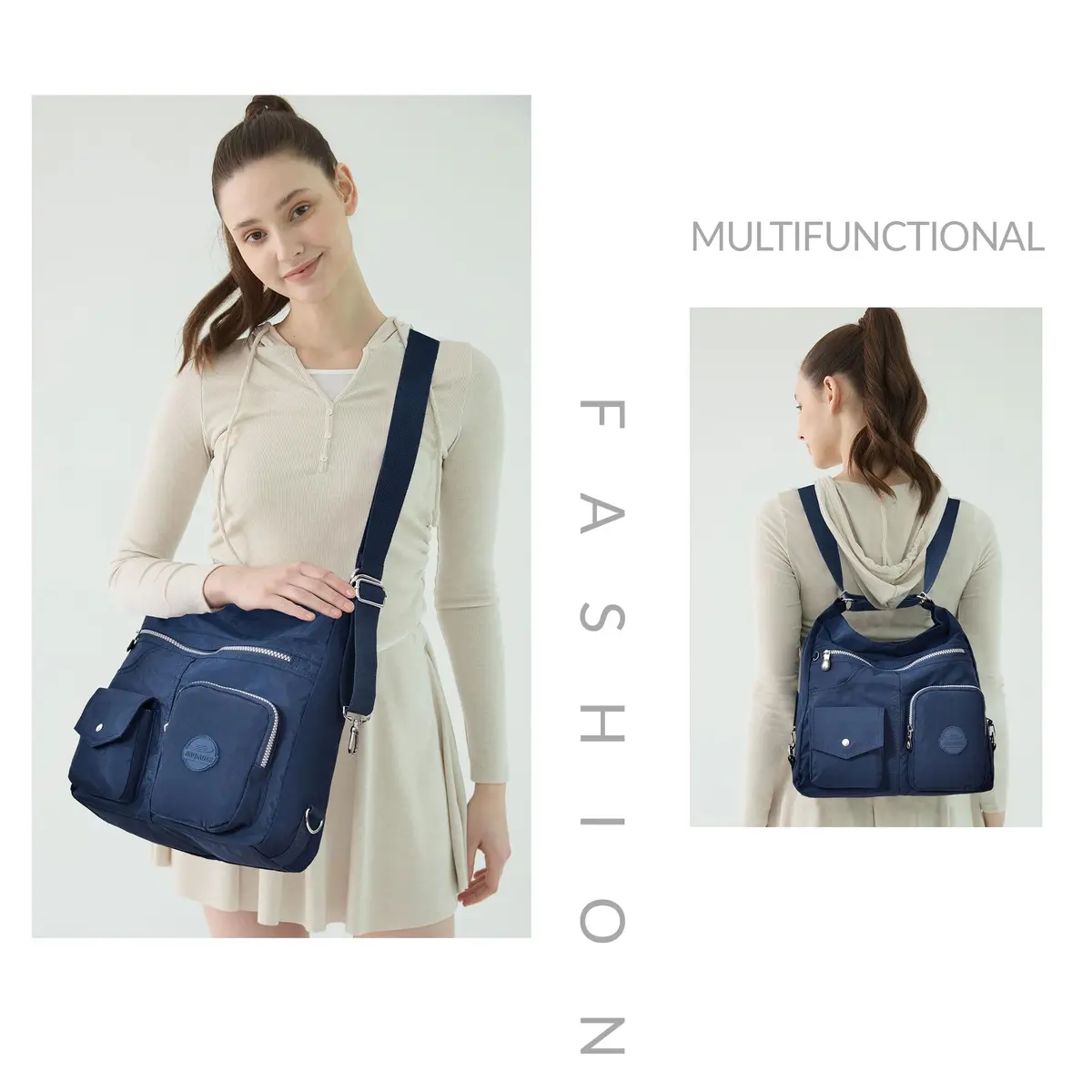 Dora & Liz Nylon Hobo Purse for Women, Convertible Crossbody Shoulder Handbag 35cm (13.8" L x 4.5" W x 13" H) | Multi-Way Carry & RFID Protection - view 2