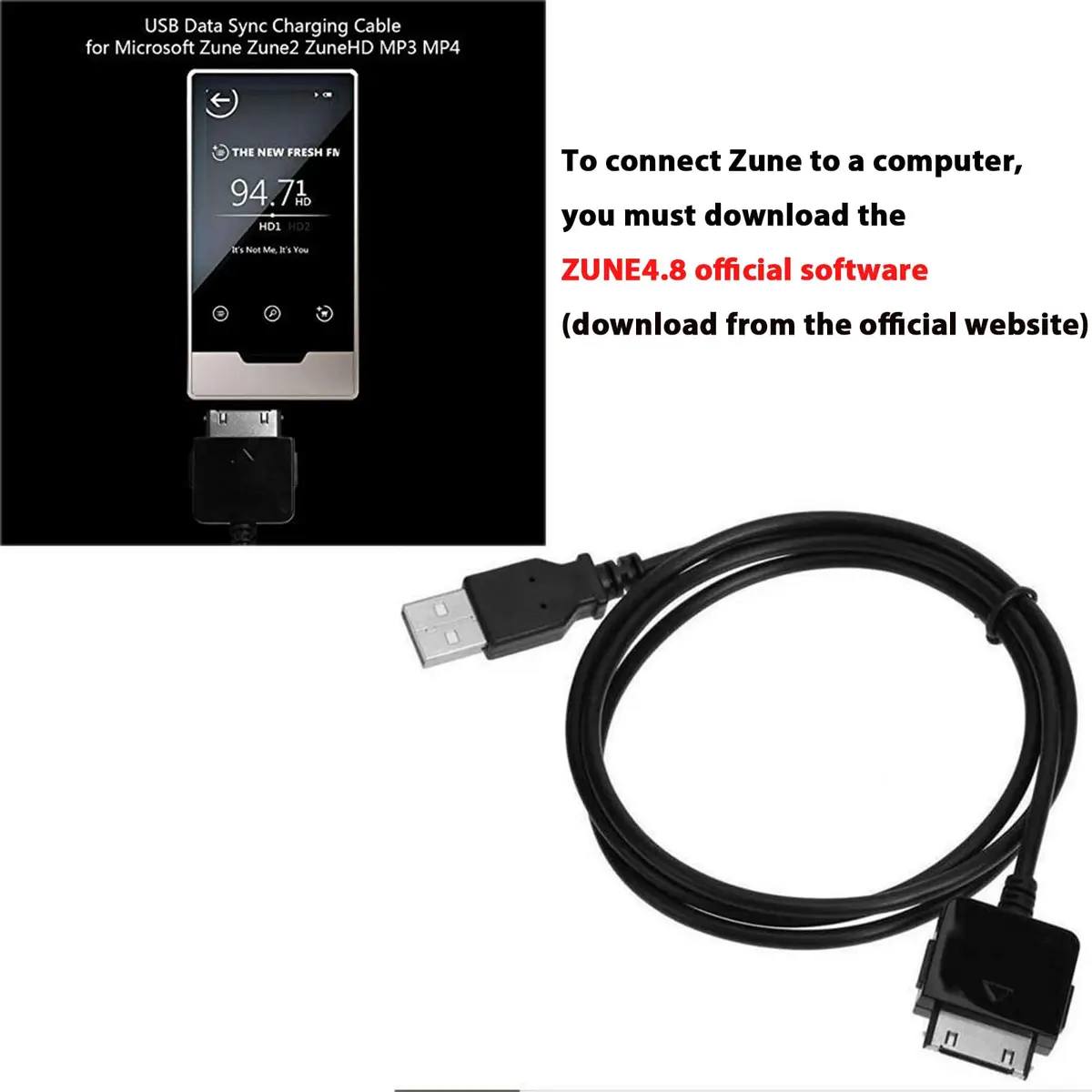 Adhiper Black USB Sync Data Transfer Charging Cable for Microsoft Zune Zune2 ZuneHD MP3 MP4 Player (1m / 3.3ft) - view 7