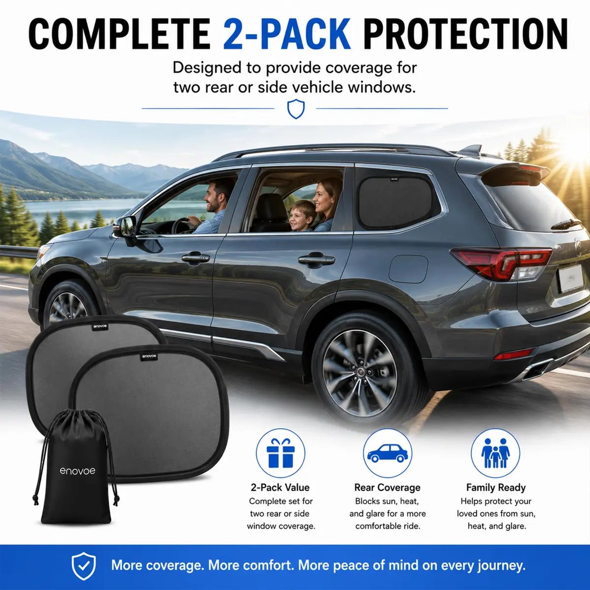 Enovoe Car Window Shades 2-Pack 48cm x 30cm (19" x 12") | Static Cling UV Protection for SUVs, Sedans, Trucks - view 7