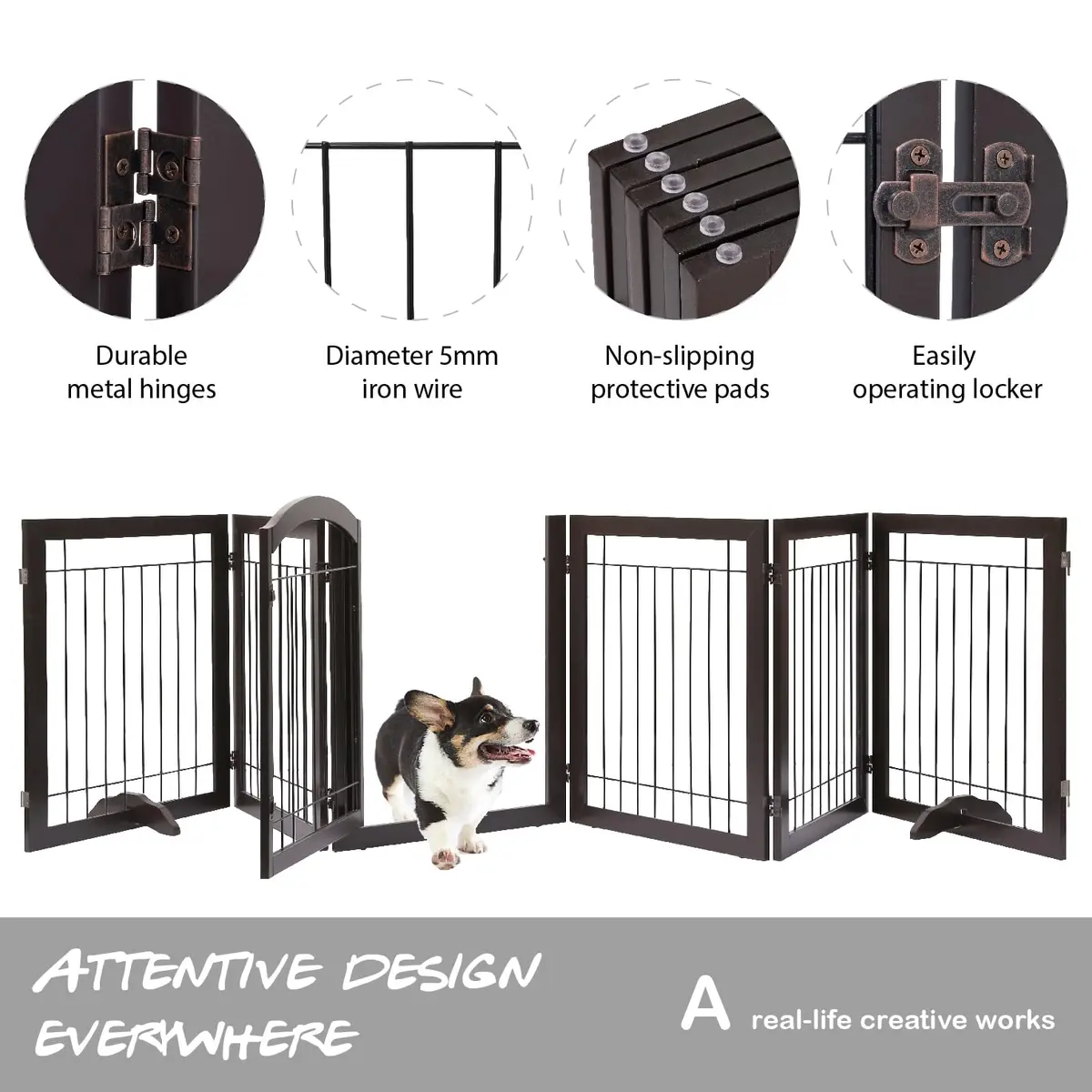 PAWLAND Dog Gate Indoor with Door, Freestanding, Foldable, 144" Wide, 30" H | Versatile Wooden Pet Barrier for All Breeds - view 8