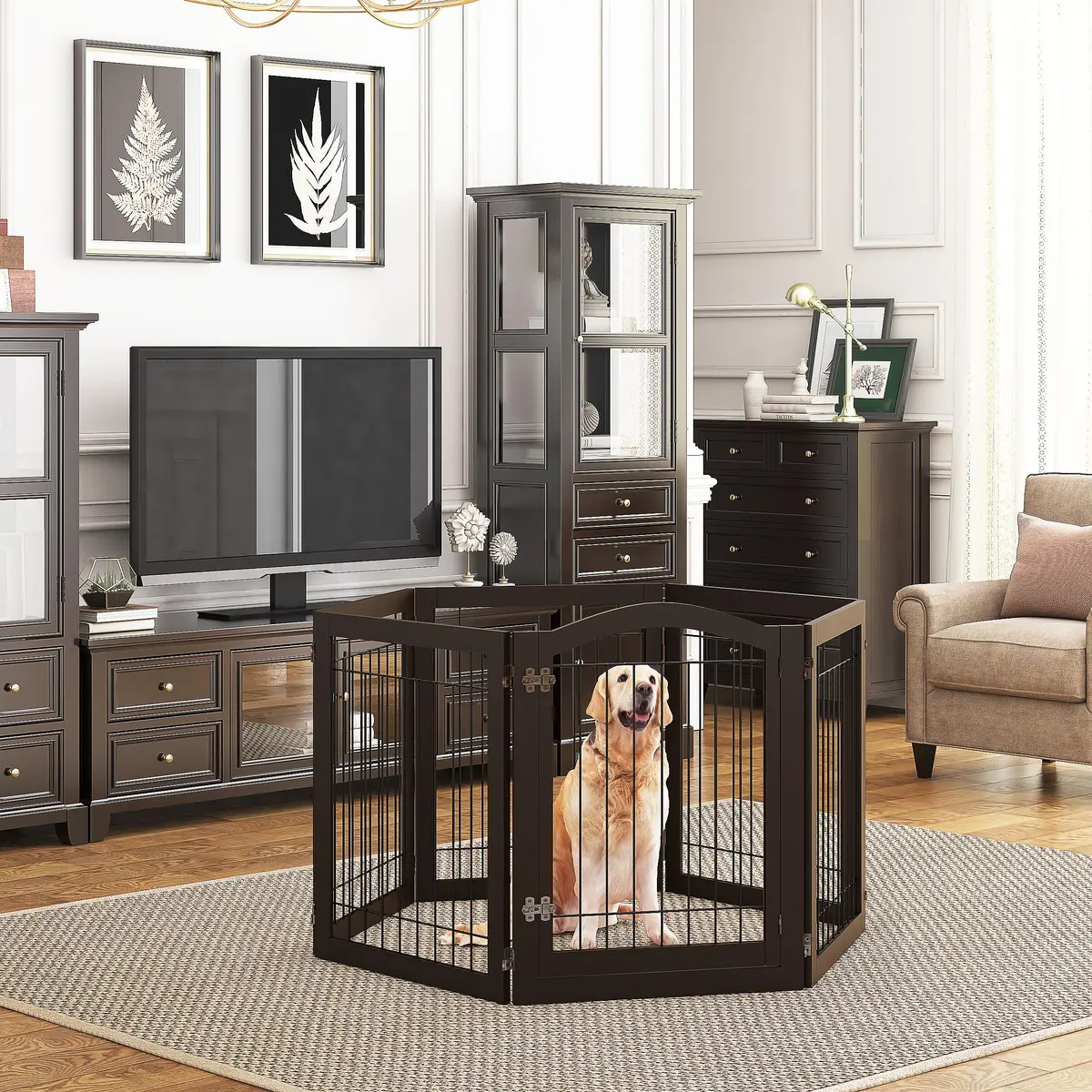 PAWLAND Dog Gate Indoor with Door, Freestanding, Foldable, 144" Wide, 30" H | Versatile Wooden Pet Barrier for All Breeds - view 3