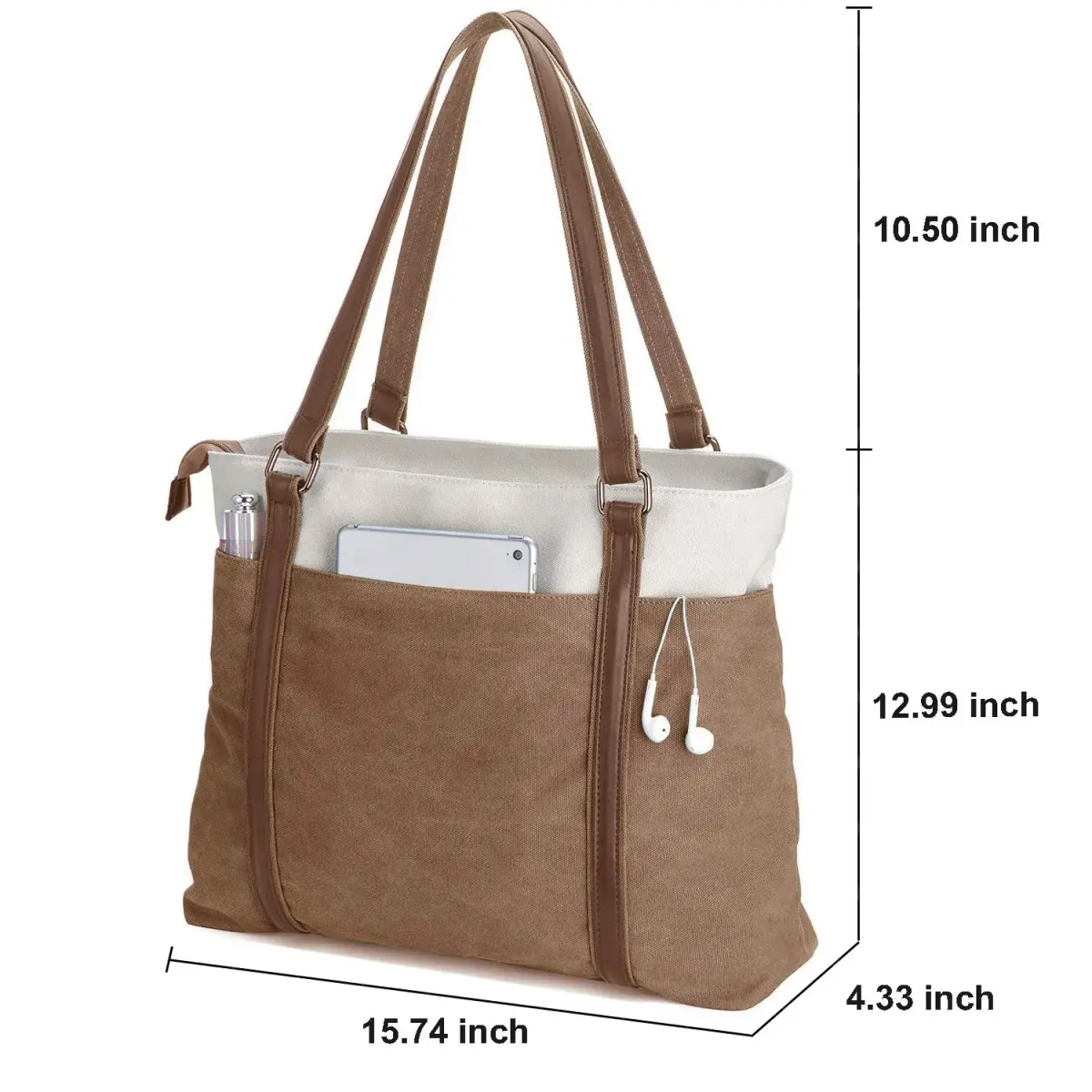 BAG WIZARD Laptop Tote Bag for Women, 15.6 Inch Work Bag with Laptop Compartment and Zipper, 14 Liters | Brown Canvas Computer Tote for Teacher, Office, Travel, Business, Carry On Personal Item Bag - view 3
