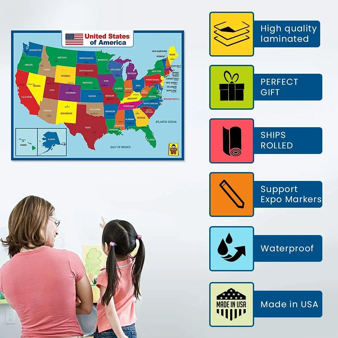 UNCLE WU United States Map Laminated Poster - Waterproof Dry Erase 17x23 inch | Educational Wall Chart for Kids & Adults - view 7