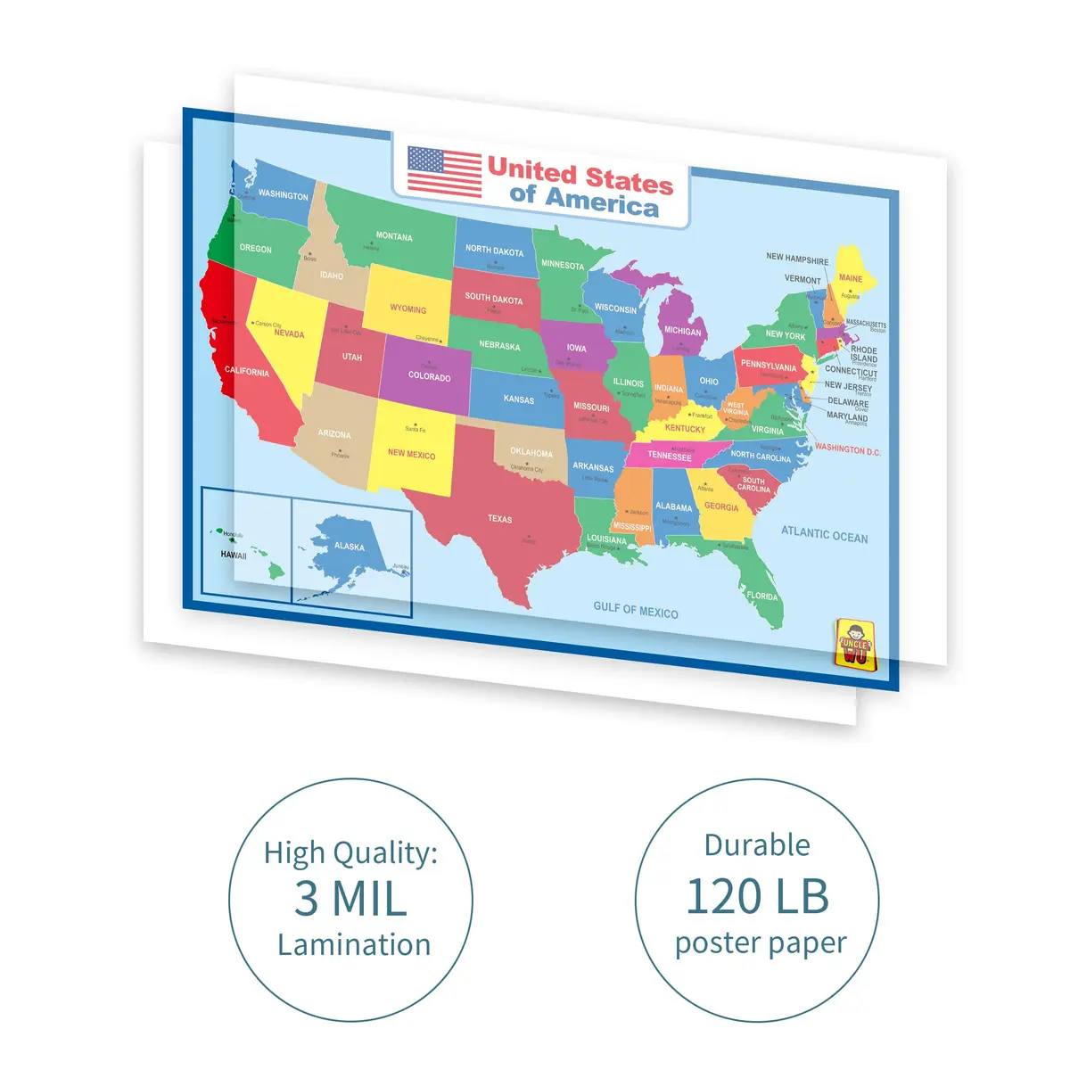 UNCLE WU United States Map Laminated Poster - Waterproof Dry Erase 17x23 inch | Educational Wall Chart for Kids & Adults - view 2