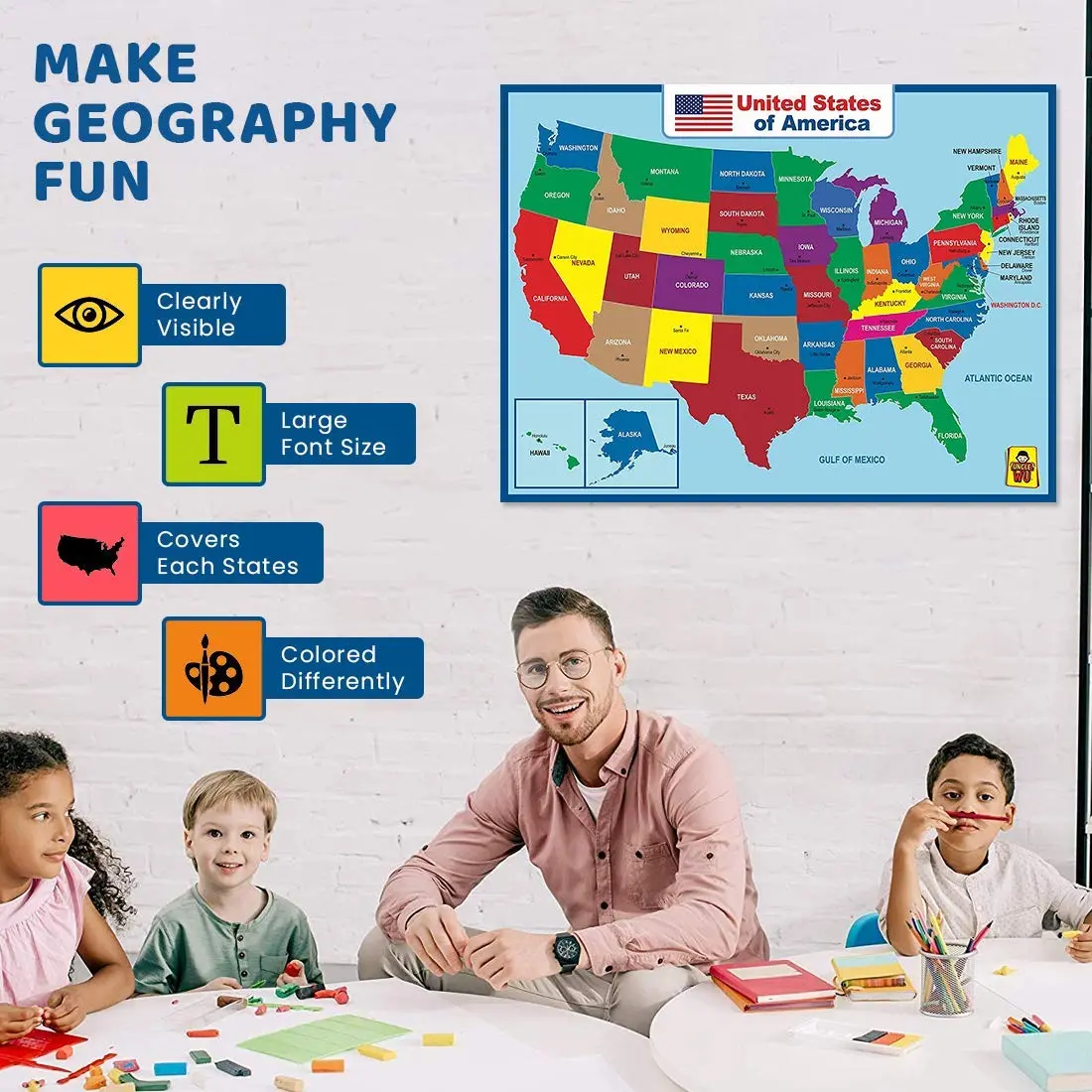 UNCLE WU United States Map Laminated Poster - Waterproof Dry Erase 17x23 inch | Educational Wall Chart for Kids & Adults - view 3
