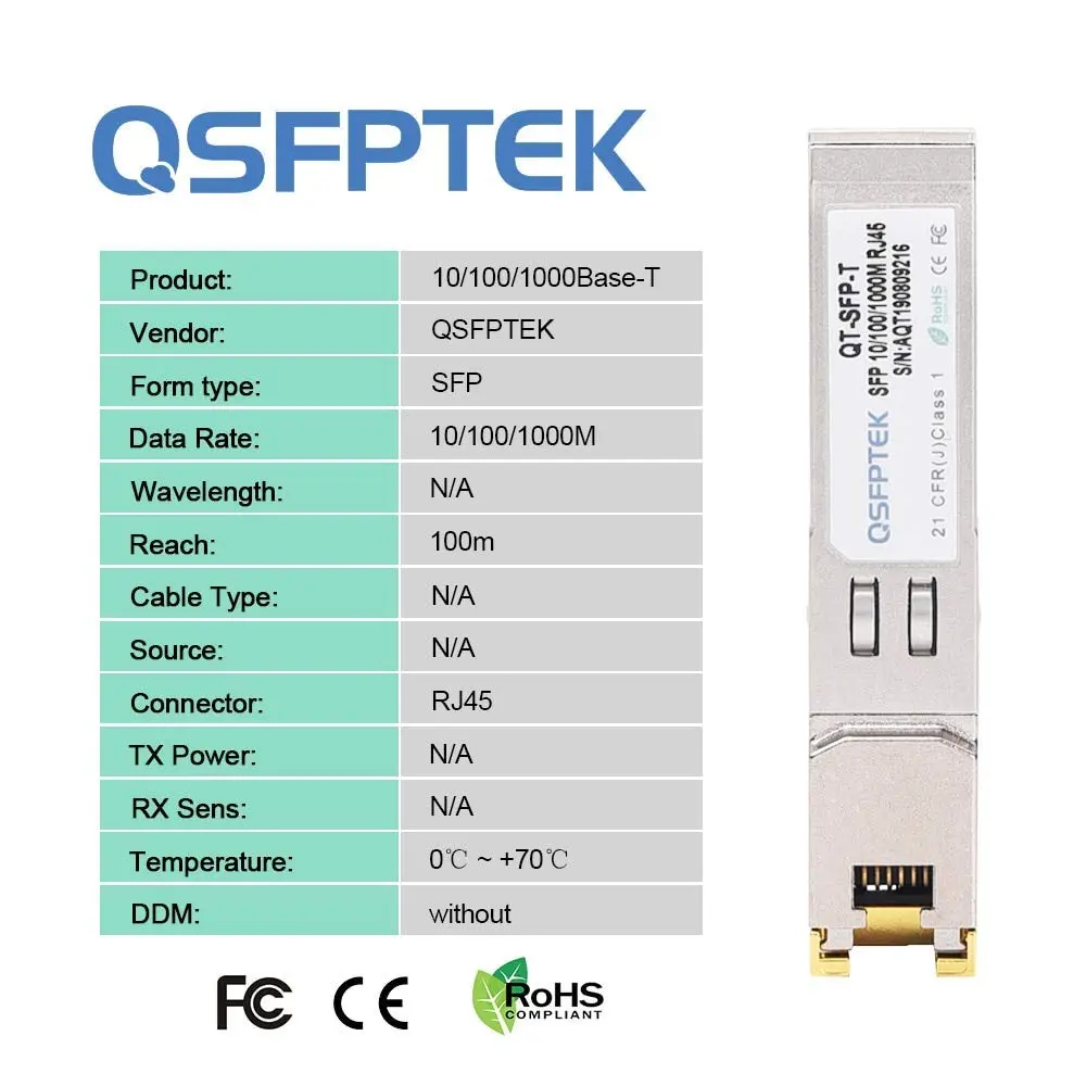 QSFPTEK 1.25G SFP-T Gigabit SFP Copper Ethernet Module | RJ45 Copper Transceiver for Cisco & Mikrotik (10/100/1000M, Reach 100m) - view 6