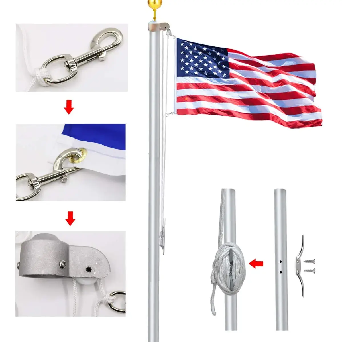 EKEV Flag Pole Hardware Repair Kit with Gold Ball, Rope, Cleat & Swivel Hooks for 2" OD Tube | Cast Aluminum Pulley Truck - view 2