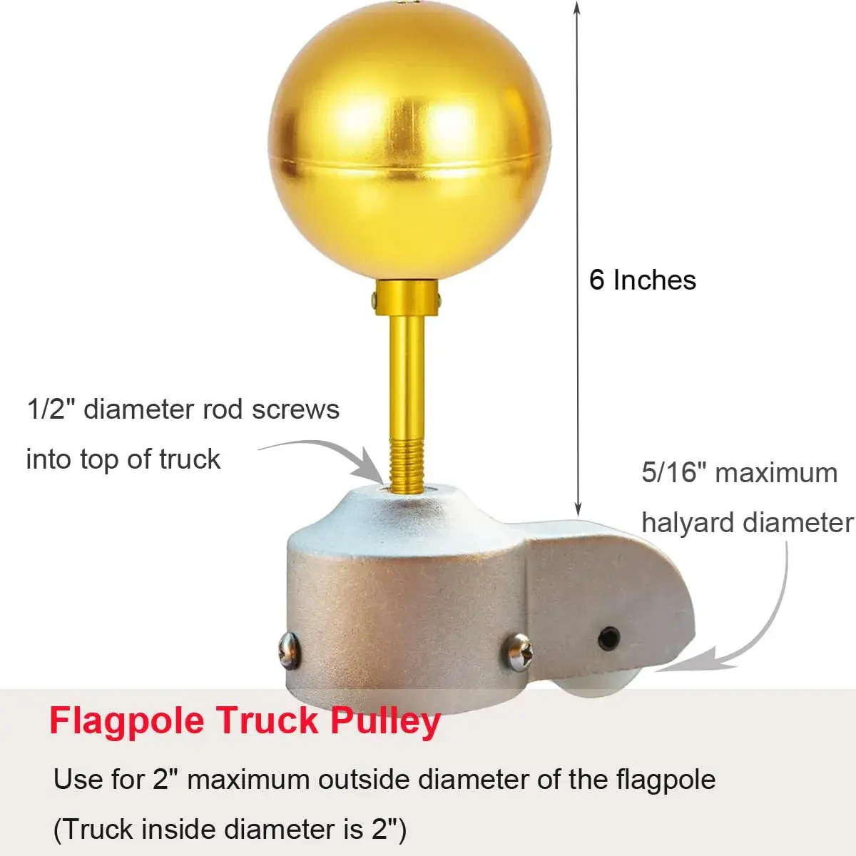 EKEV Flag Pole Hardware Repair Kit with Gold Ball, Rope, Cleat & Swivel Hooks for 2" OD Tube | Cast Aluminum Pulley Truck - view 3