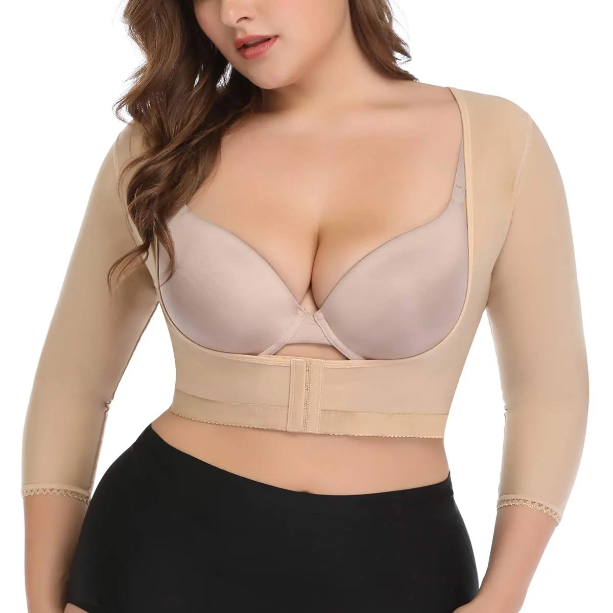 woahee Women's Arm Shaper Plus Size Compression Sleeve Garment Nude Medium | Post Surgical Arm Shapewear with 4-Row Hook Closure - main product image
