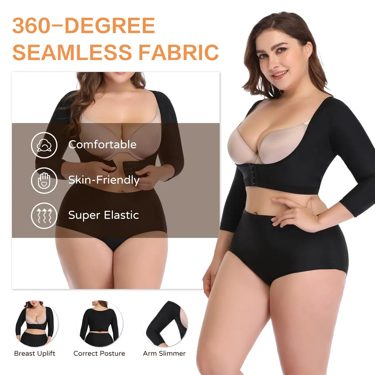 woahee Women's Arm Shaper Plus Size Compression Sleeve Garment Nude Medium | Post Surgical Arm Shapewear with 4-Row Hook Closure - view 5