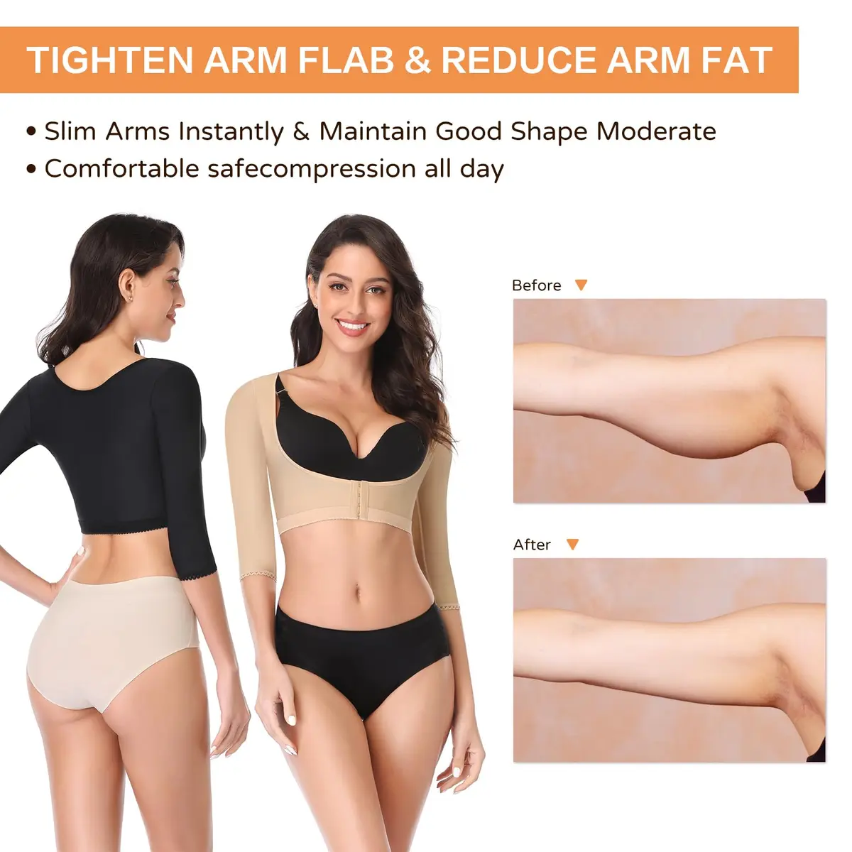 woahee Women's Arm Shaper Plus Size Compression Sleeve Garment Nude Medium | Post Surgical Arm Shapewear with 4-Row Hook Closure - view 8