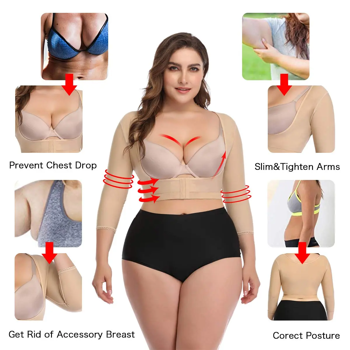 woahee Women's Arm Shaper Plus Size Compression Sleeve Garment Nude Medium | Post Surgical Arm Shapewear with 4-Row Hook Closure - view 2
