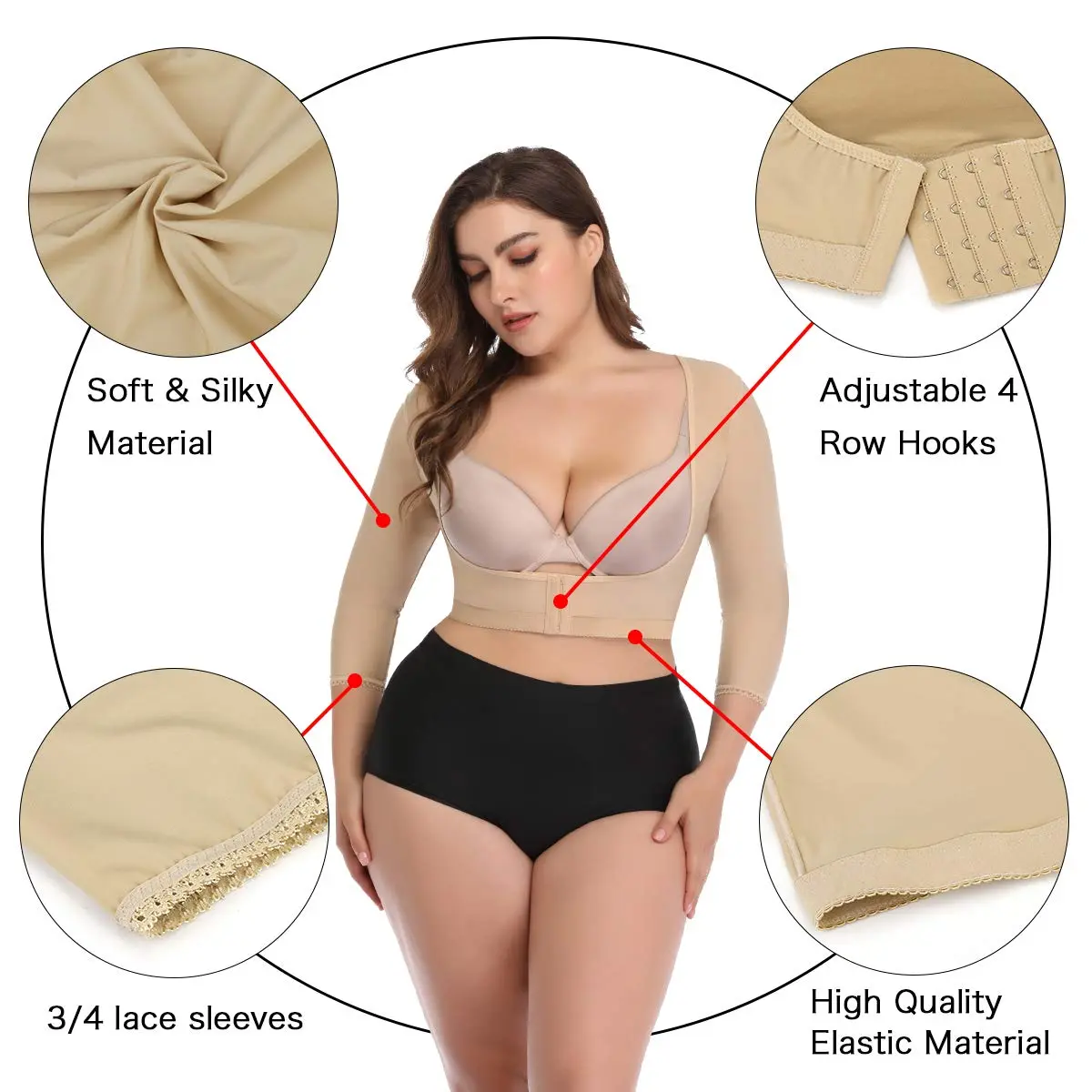 woahee Women's Arm Shaper Plus Size Compression Sleeve Garment Nude Medium | Post Surgical Arm Shapewear with 4-Row Hook Closure - view 3