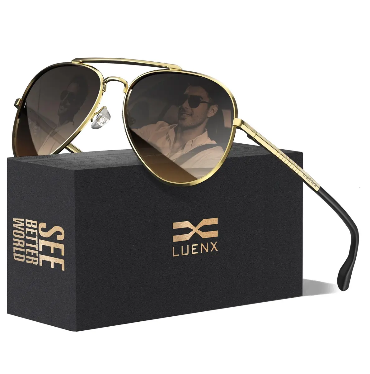 Luenx Aviator Polarized Sunglasses for Men & Women | 60mm Gradient Amber Lens, Lightweight Metal Frame - main product image